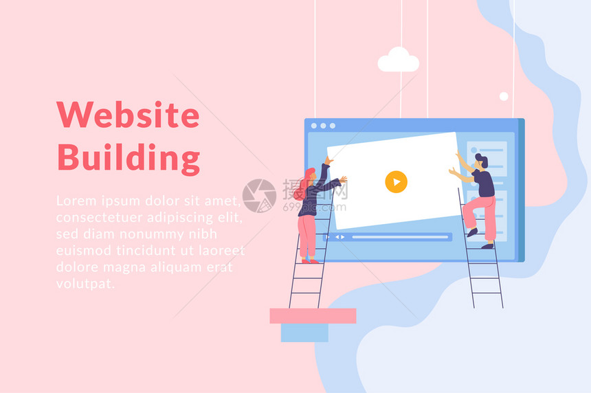 網頁開發平背景與成掛電腦屏幕窗口的人梯子文本矢量插圖